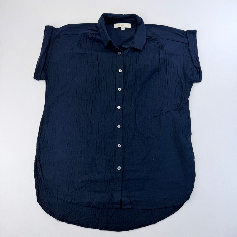 LOFT Navy Blue Textured Gauze Short Sleeve Button Down Shirt Medium High-Low